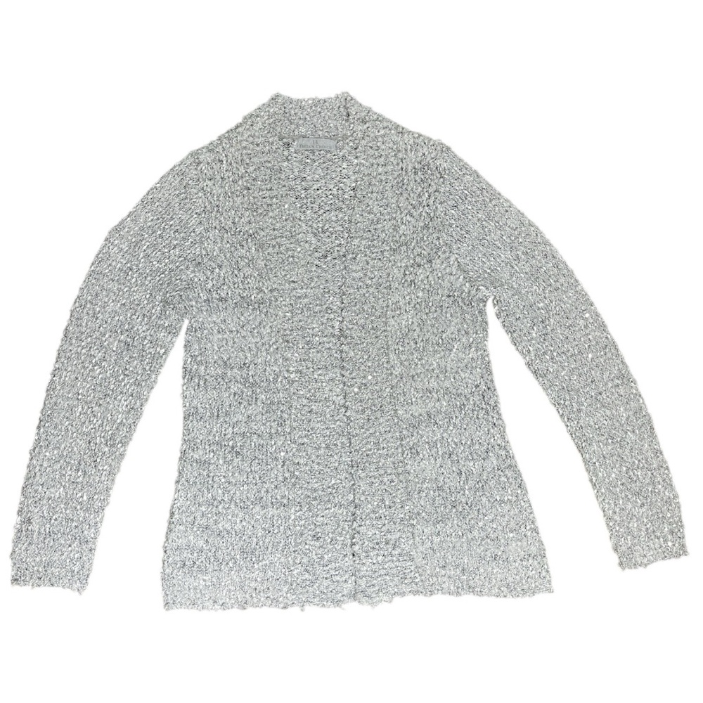 BETA’S CHOICE Eyelash Knit Sequin Embellished Open Front Cardigan Silver Medium